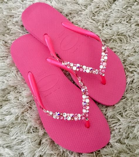 Shocking Pink Flip Flops Rose Clear Crystal Havaianas Slim w/ | Etsy