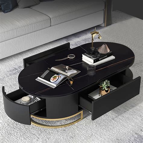 Black Oval Storage Coffee Table with Drawers Stone Gold Base-Homary