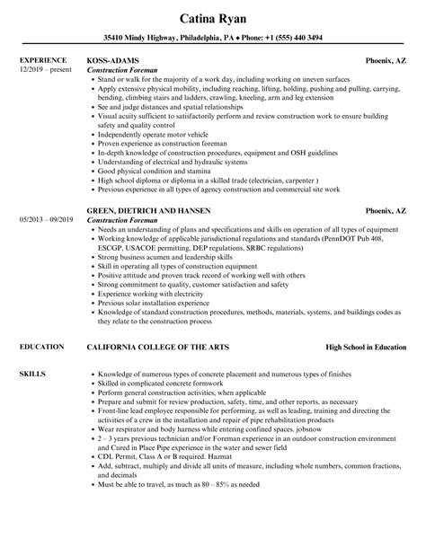 Maintenance Foreman Resume Sample