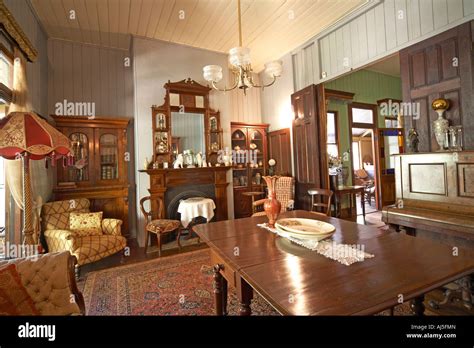 Dining room interior of old colonial style Queenslander wooden house ...