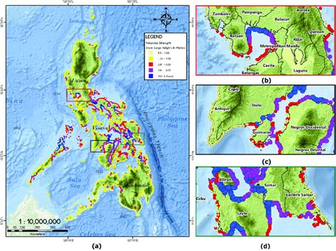 Maximum storm surge height (m) map for the (a) Philippines, (b) Metro ...