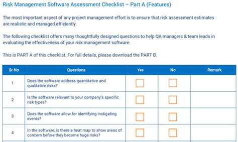 Checklist for Risk Management Software Assessment - Part A