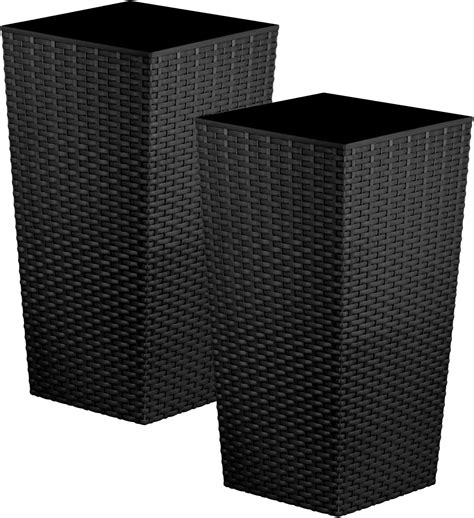 CrazyGadget Tall Square Plastic Rattan Indoor/Outdoor Planters, Set of 2, Black, 12 Litre ...