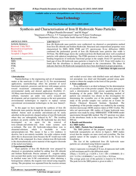 (PDF) Synthesis and characterization of Iron II hydroxide nanoparticles