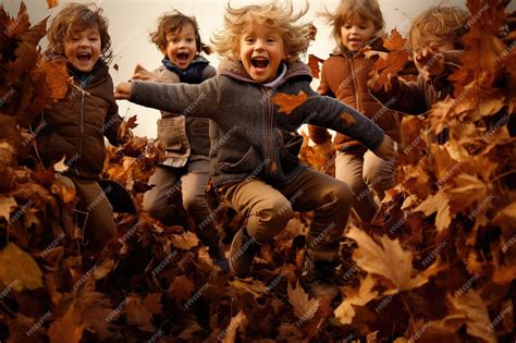 Premium AI Image | Children Jumping in Pile Leaves in autumn