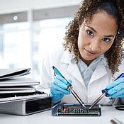 Computer hardware, soldering and portrait of black woman working on cpu, circuit and microchip ...