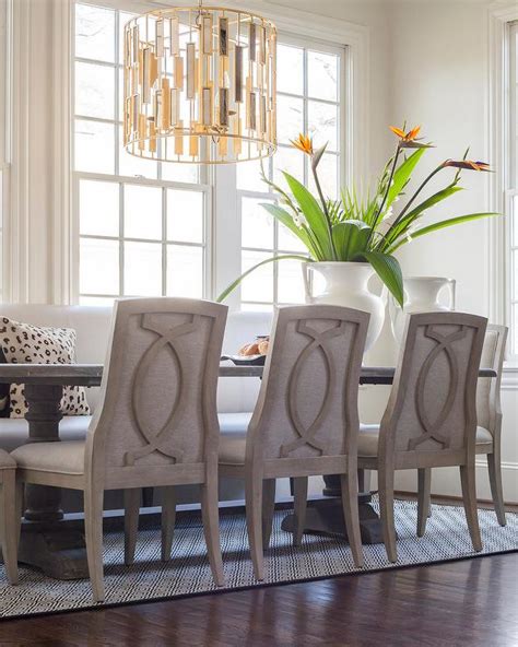 Trestle Dining Table with Brass and Mirror Drum Pendant Chandelier - Transitional - Dining Room