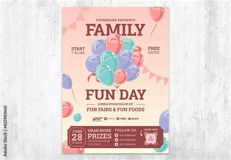 Family Fun Day Poster Flyer with Colorful Balloon and Pink theme Park ...