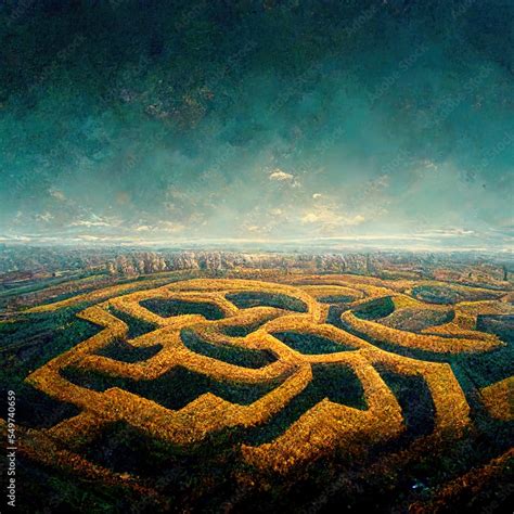 Upview of Giant Maze Labyrinth Fantasy Landscape - Digital Art, Concept Art Stock Illustration ...