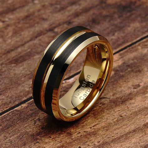 100S JEWELRY Tungsten Rings for Mens Wedding Bands Black Matte Gold Grooved Center Size 6-16 ...