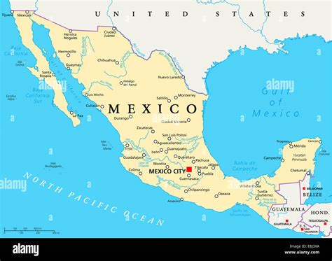 Mapa político de México con la capital Ciudad de México, las fronteras nacionales, la mayoría de ...