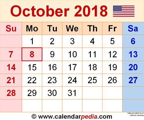 October 2018 Calendar | Templates for Word, Excel and PDF