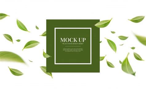 green leaves flying in the air with a square frame mockup for an advertisement or brochure