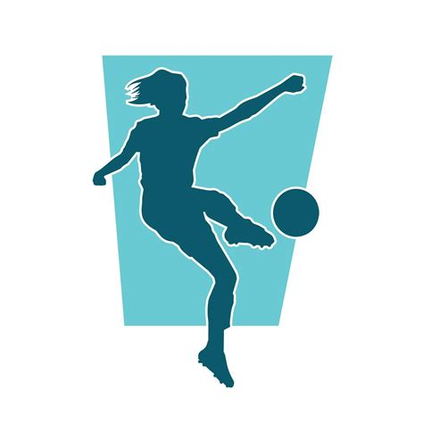 Silhouette of a female soccer player kicking a ball. Silhouette of a football player woman in ...