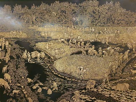 Harvest at Vinh Kim village, Lacquer engraving by Huynh Van Thuan : r ...