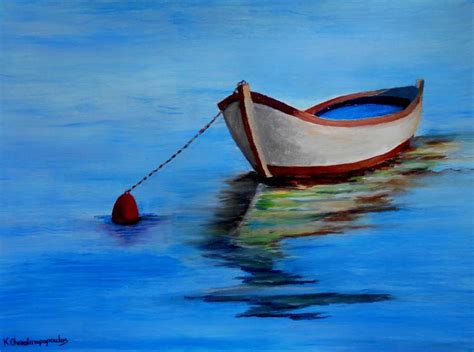 Lonely fishing boat Painting by Konstantinos Charalampopoulos | Saatchi Art