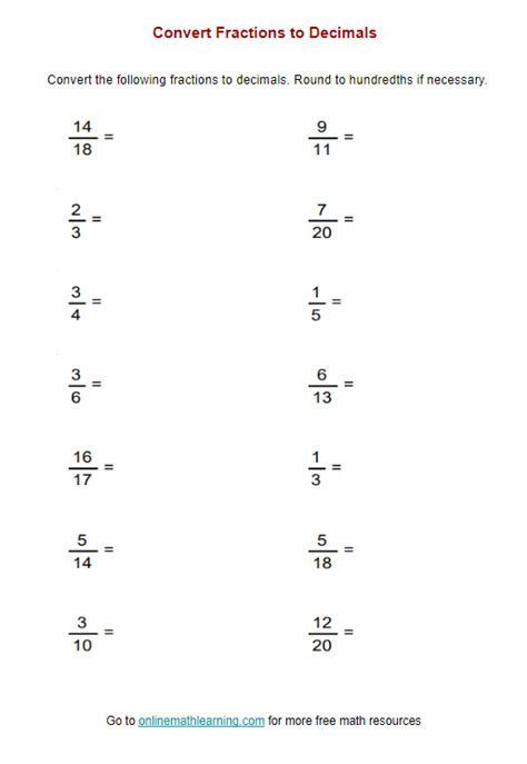 Convert Fractions to Decimals using Long Division Worksheets (examples ...