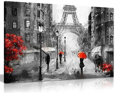 Black White Red Oil Painting Paris Eiffel Tower Street View Canvas | Paris painting, Paris wall ...