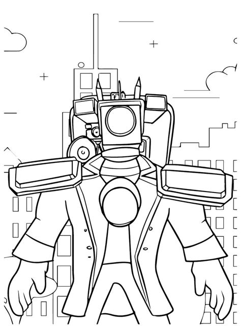 an image of a coloring page with a robot in the middle and cityscape ...