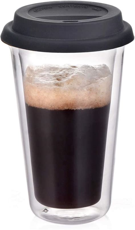 Glass Travel Coffee Mug with Lid - Double Wall Thermo Insulated Borosilicate Tumbler, For To Go ...