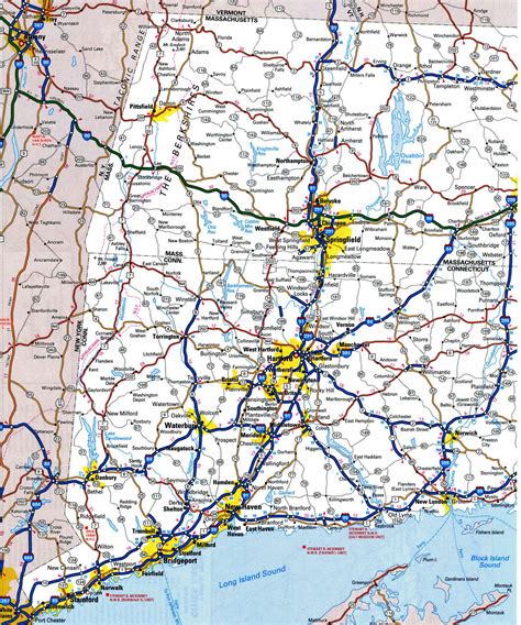 Road map of Connecticut with distances between cities highway freeway free