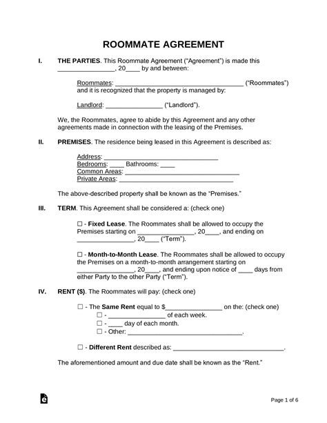 Free Roommate (Room Rental) Agreement Template - PDF | Word – eForms