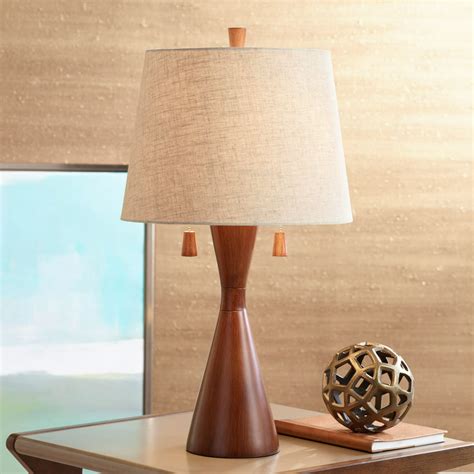 360 Lighting Modern Table Lamp Warm Brown Wood Hourglass Oatmeal Fabric Tapered Drum Shade for ...