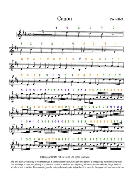 Violin Online ColorAll Fingering - Pachelbel's Canon Violin Sheet Music