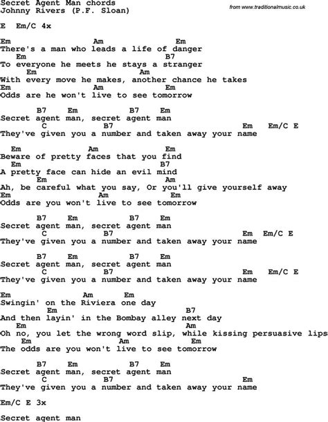 Song Lyrics with guitar chords for Secret Agent Man | Lyrics and chords, Inspirational songs ...