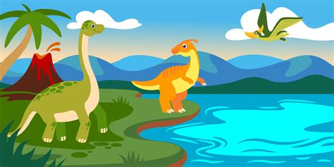 Cute dinosaurs with landscape. Cartoon dino prehistoric scene with lake, volcano, mountain and ...
