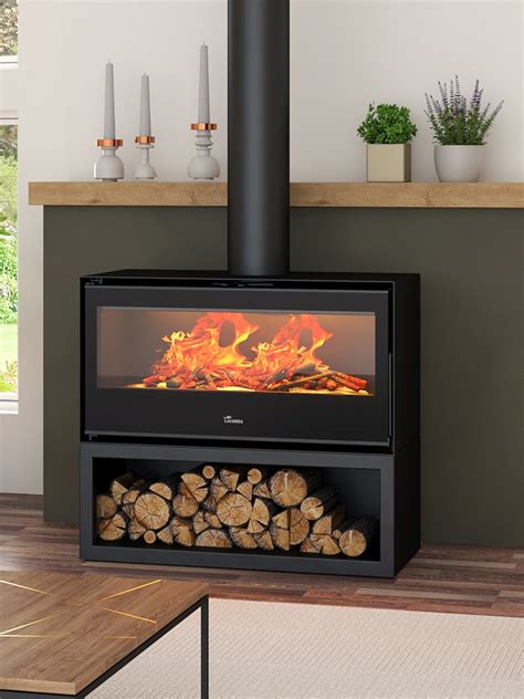 Lacunza Silver 1000 Freestanding Wood Fireplace with Wood Box - Abbey Fireplaces