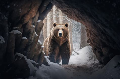 Premium Photo | A big brown bear looks into a cave or its den in winter ...