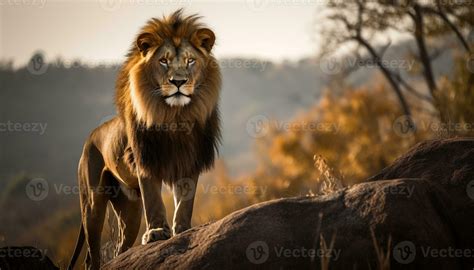 Majestic lion standing in the savannah, roaring with aggression generated by AI 24619184 Stock ...