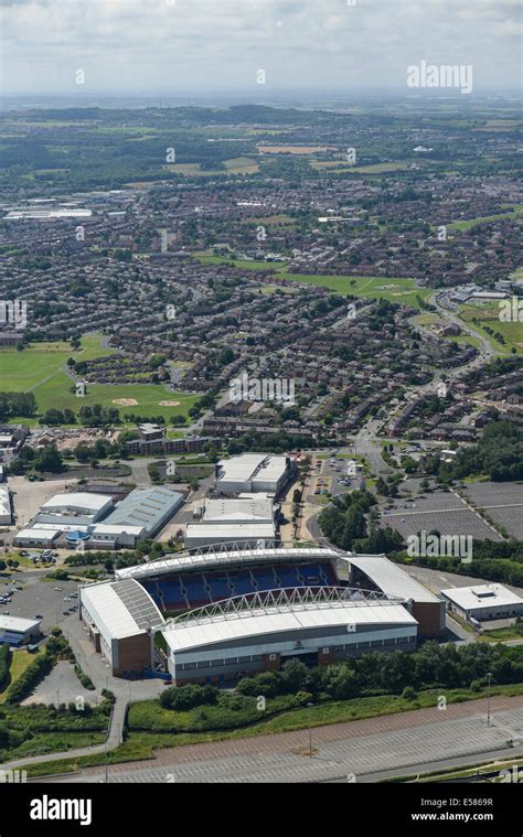 A close-up aerial view of the DW Stadium in Wigan, home of Wigan Athletic Stock Photo - Alamy