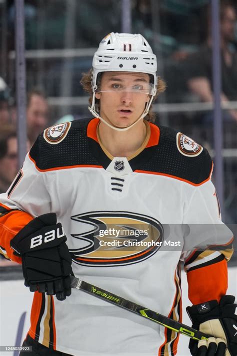 Trevor Zegras of the Anaheim Ducks looks on during the first period ...