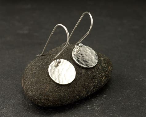 Sterling Silver Hammered Disc Earrings- Simple Silver Earrings- Everyday Dangle Earrings- Small ...