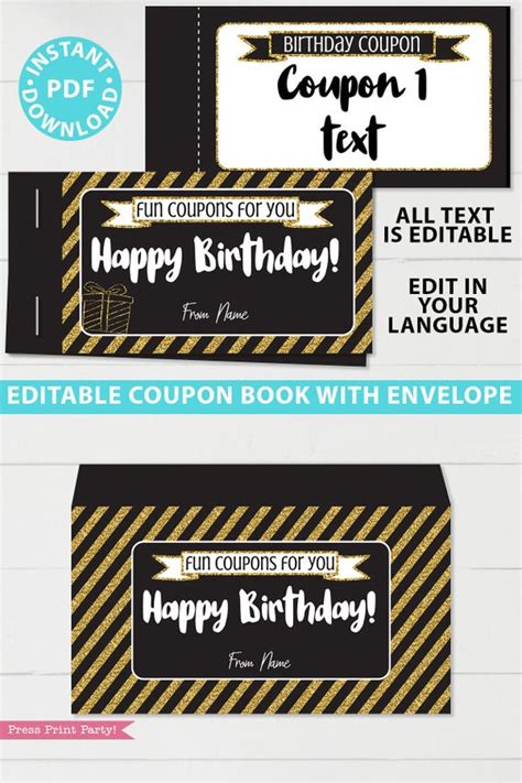 Birthday Coupon Book Printable, Gold - Press Print Party!