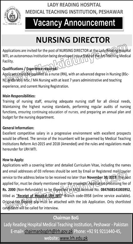 Nursing Director Jobs 2019 in Lady Reading Hospital in Peshawar