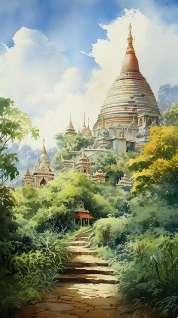 Premium AI Image | Myanmar Landscape water color illustration