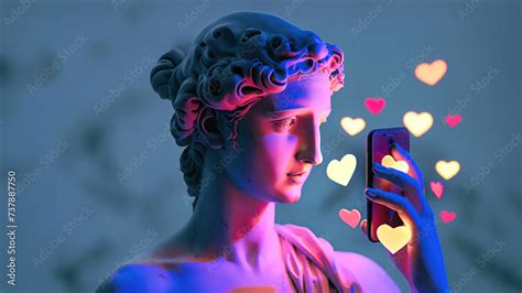 Ancient Greek marble woman sculpture receiving hearts on social media using cellphone. Woman ...