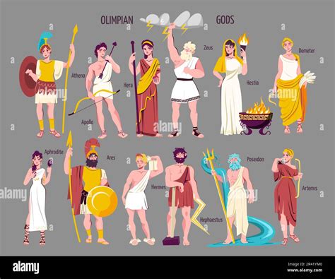 Olympian gods flat icon set with athena appolo hera zeus hestia demeter aphrodite ares hermes ...