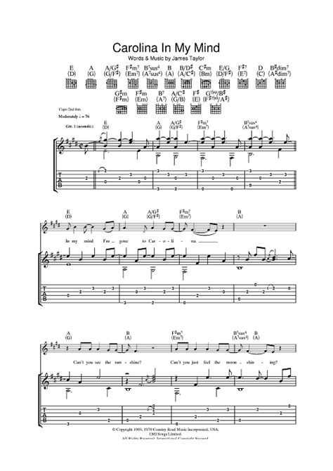 Carolina In My Mind" Sheet Music by James Taylor for Guitar Tab - Sheet Music Now