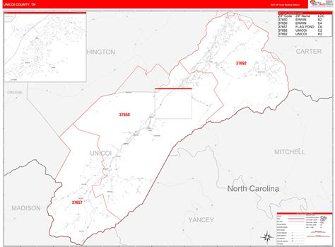 Unicoi County, TN Zip Code Wall Map Red Line Style by MarketMAPS