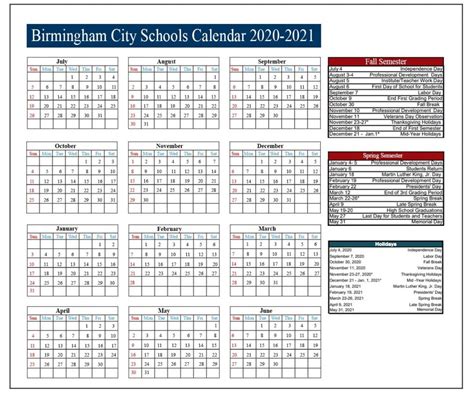 Birmingham City Schools Calendar 2020 and 2021