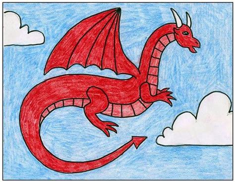 a drawing of a red dragon flying through the air with clouds in the back ground