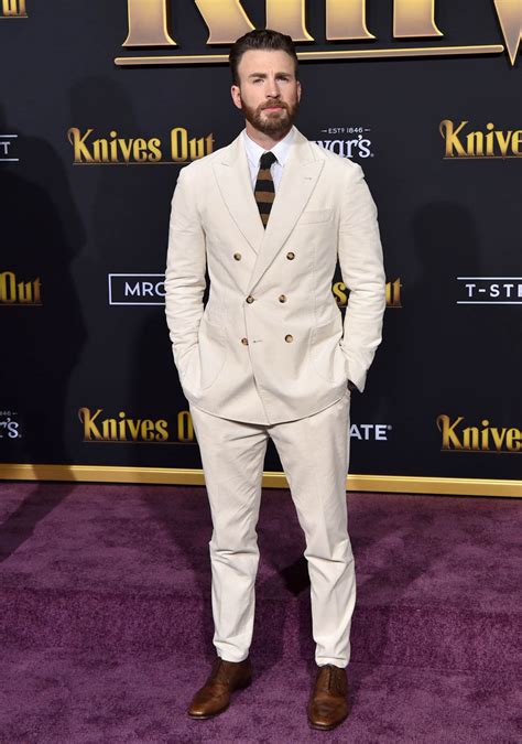 Chris Evans in white corduroy at the Knives Out premiere