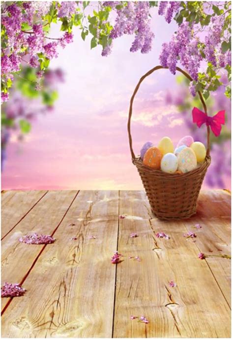 Happy Easter Photography Backdrops Wood Floor Colorful Eggs Basket Purple Flower Blossoms Kids ...