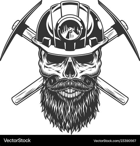 Bearded and mustached miner skull Royalty Free Vector Image