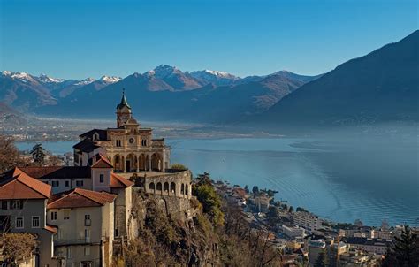 Wallpaper mountains, lake, home, Switzerland, Alps, Church, the monastery, Switzerland, Alps ...