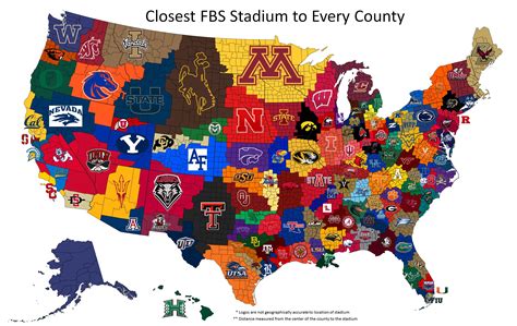 Closest FBS Stadium to Every County in the U.S.A [OC] [2747x1738] : r/MapPorn